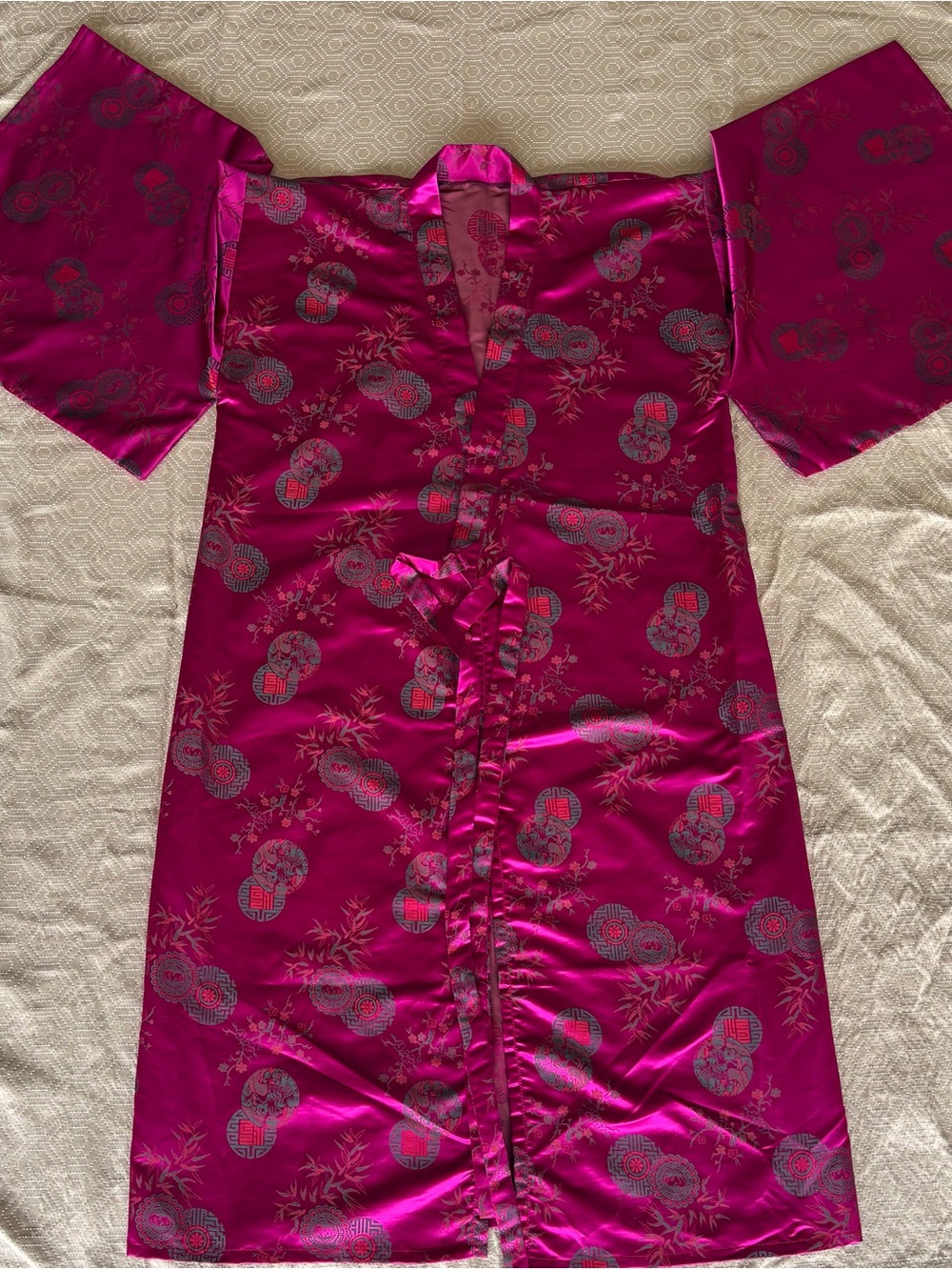 Fuchsia Satin Brocade Kimono Robe with Metallic Motif